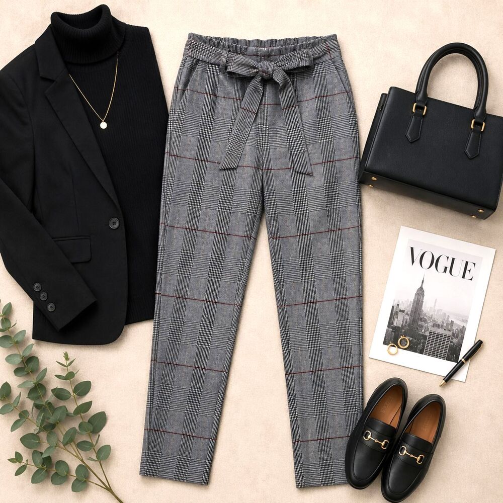 Love Tree Plaid Paperbag Trousers M Black White Red Stretch Work Pants
